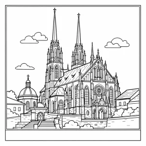 Page de coloriage représentant la cathédrale Saint-Pierre-et-Paul de Brno avec ses tours jumelles gothiques et détails architecturaux.