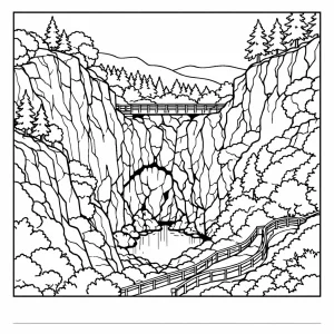 Página para colorear del Abismo Macocha con acantilados y paisaje natural, dibujo en blanco y negro para imprimir y colorear.
