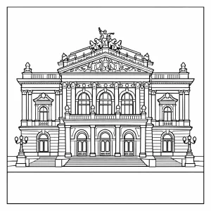 Página para colorear del Teatro Mahen en Brno, dibujo en blanco y negro con fachada neorrenacentista detallada.