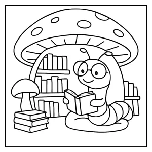 Omalovánka Knihomol v houbové knihovně – coloring page s roztomilým knihomolem sedícím mezi knihami a houbami.