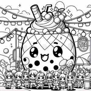 Kawaii Mango Bubble Tea omalovánka – coloring page s kawaii postavičkami a stánkem ve tvaru manga na letním festivalu