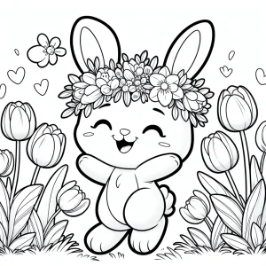 Bunny wearing a flower crown hopping in a tulip field coloring page