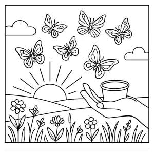 Butterfly releasing ceremony at sunrise over meadow página para colorear para imprimir gratis