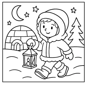 Kanada iglu lampáš zimná prechádzka - omalovánka na vytlačenie pre deti