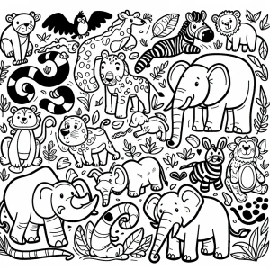 Cartoon Jungle Animals omalovánka – coloring page s kreslenými zvířaty z džungle pro děti