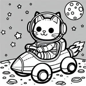 Omalovánka zdarma: kočičí astronaut v raketovém autě na Měsíci pro děti