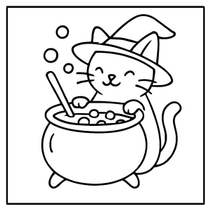 Witch cat brewing bubble tea in a cauldron with floating tapioca pearls coloring page