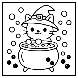 Omalovánka kočičí čarodějnice vařící bubble tea v kotlíku – coloring page pro děti
