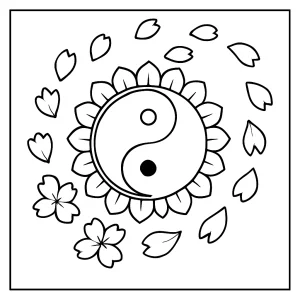 page de coloriage mandala yin-yang avec pétales de fleurs de cerisier à imprimer gratuitement