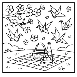 Página para colorear de picnic bajo cerezos en flor con grullas de origami flotando en la brisa