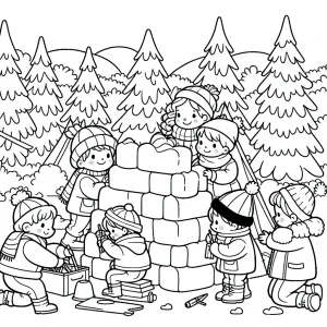 page de coloriage enfants construisant un fort de neige, scène hivernale et ludique à colorier
