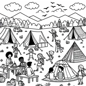 page de coloriage camping enfants sous tentes à imprimer gratuitement