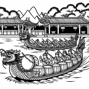 page de coloriage gratuite représentant une course de bateaux-dragons chinois sur une rivière avec rameurs et tambours