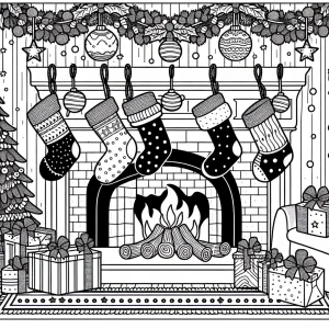 Christmas stockings hanging by a decorated fireplace coloring page