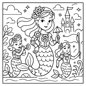 Clockwork Mermaid Parade coloring page for free – enchanted realm with steampunk mermaids and magical parade scene.
