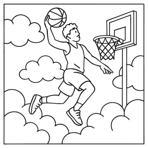 Basketbalový hráč provádí smeč ve městě v oblacích – omalovánka ke stažení zdarma