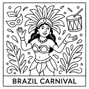 page de coloriage sur le carnaval du Brésil à imprimer gratuitement, avec danseurs, masques et plumes