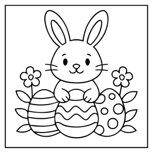 Página para colorear con un conejito de Pascua y huevos decorados, lista para imprimir y pintar