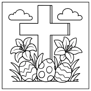 Página para colorear de cruz de Pascua con detalles florales, lista para imprimir y colorear gratis.