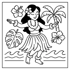 Página para colorear de bailarina hawaiana con falda de hojas, flores y movimientos de danza, ideal para imprimir y colorear gratis.