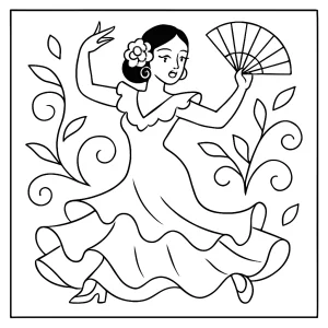 Página para colorear de flamenco español con bailaora y vestido tradicional lista para imprimir