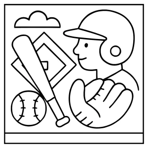 Página para colorear de béisbol con un jugador, bate y pelota, lista para imprimir y colorear