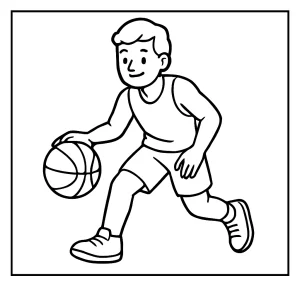 Página para colorear de un jugador de baloncesto saltando hacia la canasta, lista para imprimir y colorear
