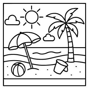 Strandlandschaft Malvorlage – coloring page mit Meer, Palmen und Sandburg zum Ausmalen