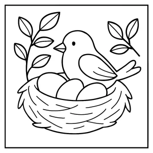Página para colorear de nido de pájaros con huevos, ideal para imprimir y pintar.