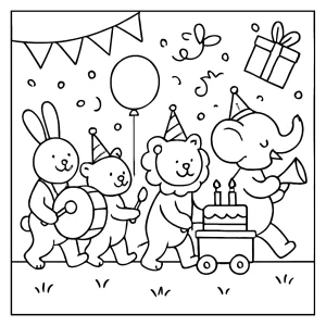 Page de coloriage gratuite représentant un défilé d’anniversaire avec ballons, animaux et enfants en fête
