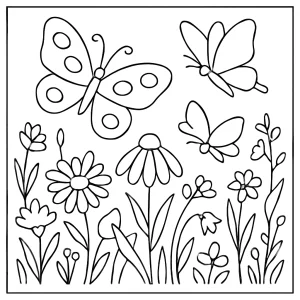 Página para colorear de una pradera con mariposas para imprimir y pintar