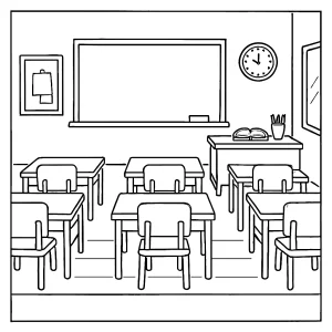 Klassenzimmer Malvorlage – kostenlose coloring page mit Schulkindern und Lehrerin zum Ausmalen