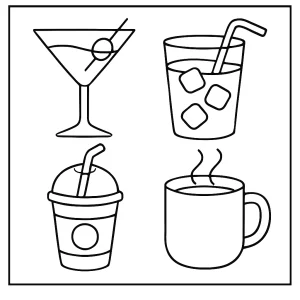 Omalovánka coloring page s rôznymi nápojmi na vyfarbenie pre deti