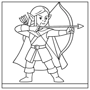 Elfo arquero página para colorear en blanco y negro lista para imprimir