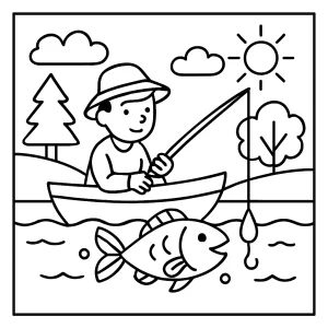 Page de coloriage pêcheur au bord du lac, scène de pêche à imprimer pour enfants