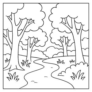 Kostenlose Waldweg Malvorlage, coloring page mit einem Waldpfad zum Ausmalen für Kinder