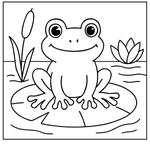 Página para colorear de rana sobre una hoja de lirio, ideal para niños