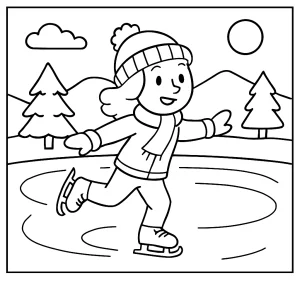 Página para colorear de niños patinando sobre un lago congelado rodeado de árboles y montañas nevadas