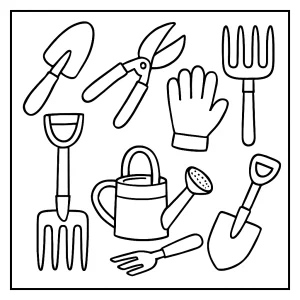 Gartenwerkzeuge Malvorlage: coloring page mit Schaufel, Rechen, Gießkanne und mehr zum Ausmalen
