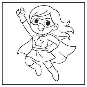 página para colorear de una niña superheroína en pose heroica lista para imprimir