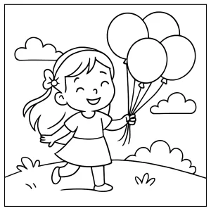 Página para colorear de una niña sosteniendo globos, lista para imprimir y colorear gratis