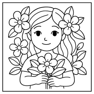 Página para colorear de una niña rodeada de flores, ideal para imprimir y colorear gratis.