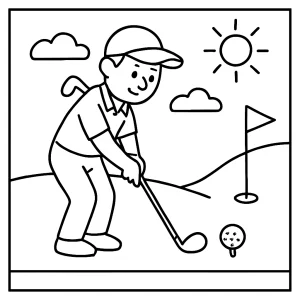 Golf Malvorlage coloring page – kostenloses Ausmalbild eines Golfspielers auf dem Golfplatz zum Ausdrucken