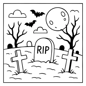 Friedhof Malvorlage – Gruselige coloring page mit Grabsteinen und Bäumen zum Ausmalen