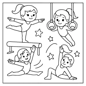 Página para colorear de gimnasia con niños y niñas haciendo acrobacias, lista para imprimir y colorear.