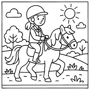 Horse riding coloring page featuring a child on horseback in a printable scene