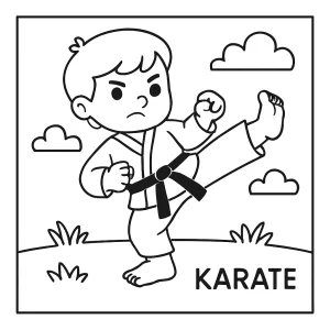 Página para colorear de karate para imprimir con dibujo de un niño practicando artes marciales