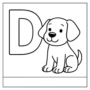 página para colorear de la letra D con un perro simpático para niños