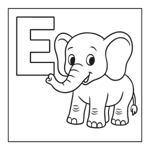 página para colorear de la letra E con un elefante simpático para imprimir y colorear