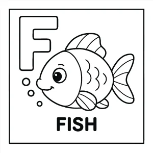 page de coloriage de la lettre F avec un poisson, à imprimer gratuitement
